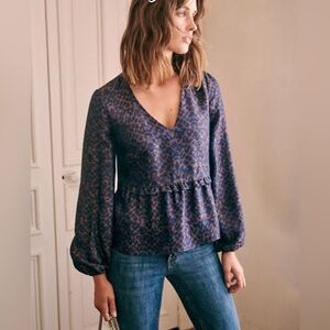 Sezane Navy Blue Leopard-Print V-Neck Peplum Blouse